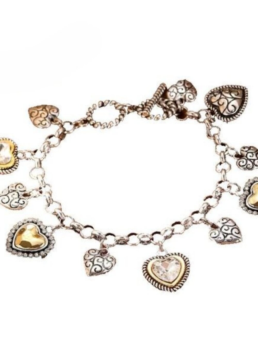 Two Tone Puffy Heart Charm Bracelet Silver Gold Tone Rhinestone Hearts Toggle